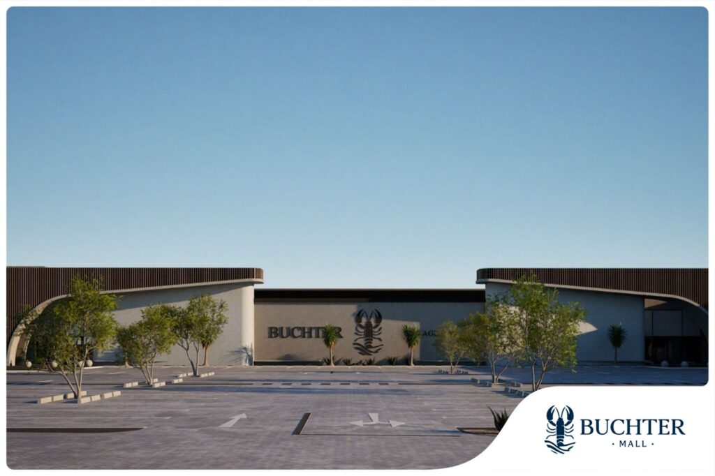 Safland properties - The Brief | Namibia's Leading Business & Financial News Exterior view of Buchter Mall with modern curved entrances, palm trees, and a clear blue sky; parking lot in foreground.