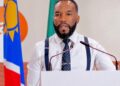 shiwana ndeunyema - The Brief | Namibia's Leading Business & Financial News Man wearing a white shirt, dark polka-dot tie and suspenders speaks at a podium, with national flags behind him.