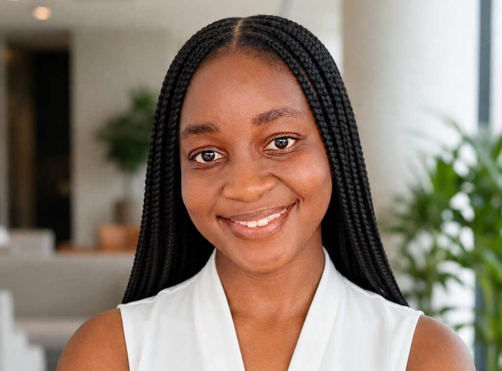 Smiling Black woman with long box braids in a sleeveless white top, indoors with plants in the background.