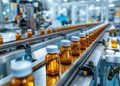 Amber medicine bottles on a stainless conveyor in a pharmaceutical manufacturing facility
