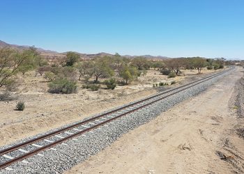 Desert landscape with a single set of railroad tracks curving into the distance under a clear blue sky.