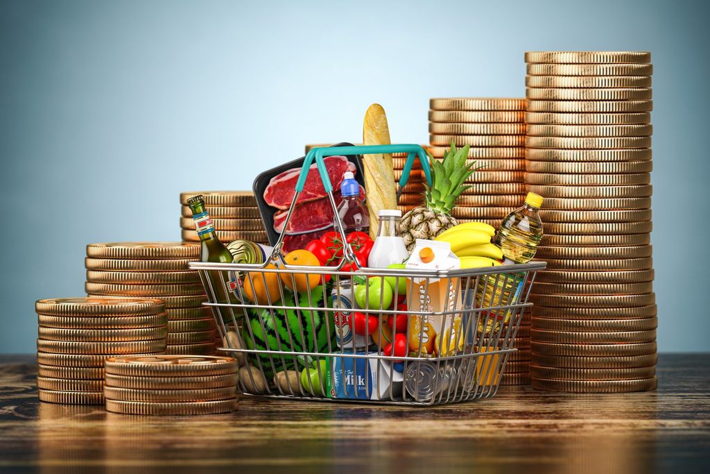 INFLATION8 - The Brief | Namibia's Leading Business & Financial News Shopping basket with groceries—fruits, vegetables, bread, milk and drinks—surrounded by tall stacks of coins representing cost or savings on food yet.
