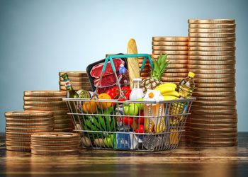 INFLATION8 - The Brief | Namibia's Leading Business & Financial News Shopping basket with groceries—fruits, vegetables, bread, milk and drinks—surrounded by tall stacks of coins representing cost or savings on food yet.