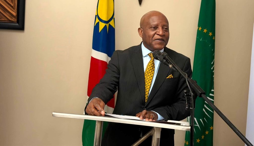 NGURARE09 - The Brief | Namibia's Leading Business & Financial News A man in a dark suit giving a speech at a podium with two flags in the background.