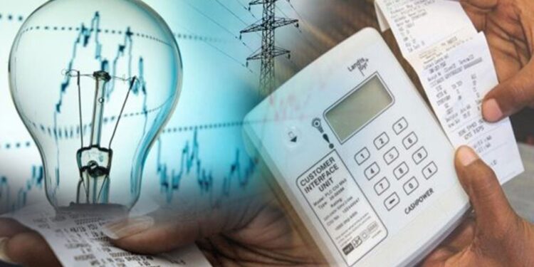 Receipt held beside a white card reader with a long energy bill, against a background of a glowing light bulb and power lines, suggesting electricity billing.