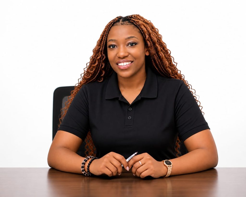 Professional portrait of a smiling woman with braided hair, seated at a desk in a black polo shirt.