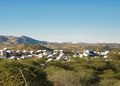 Cluster of white-roofed houses nestled in a desert landscape with hills under a blue sky.
