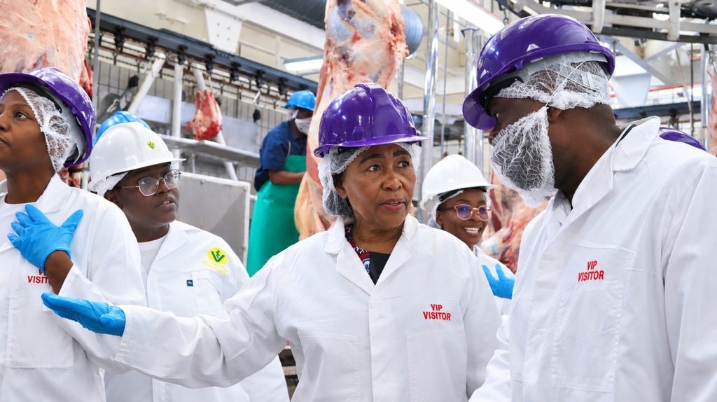 VIP visitors in white lab coats, purple hard hats, and hairnets tour a meat processing plant with hanging carcasses.