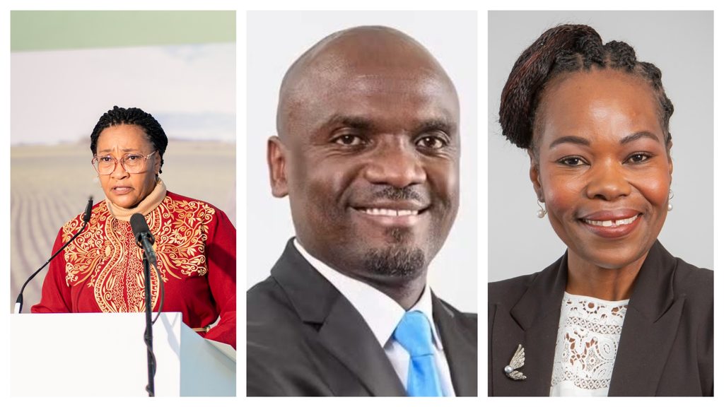 Three-panel image: left shows a woman in a red and gold patterned outfit speaking at a podium with a microphone; middle is a close-up portrait of a smiling man in a suit and blue tie; right is a smiling woman with braided hair wearing a blazer.