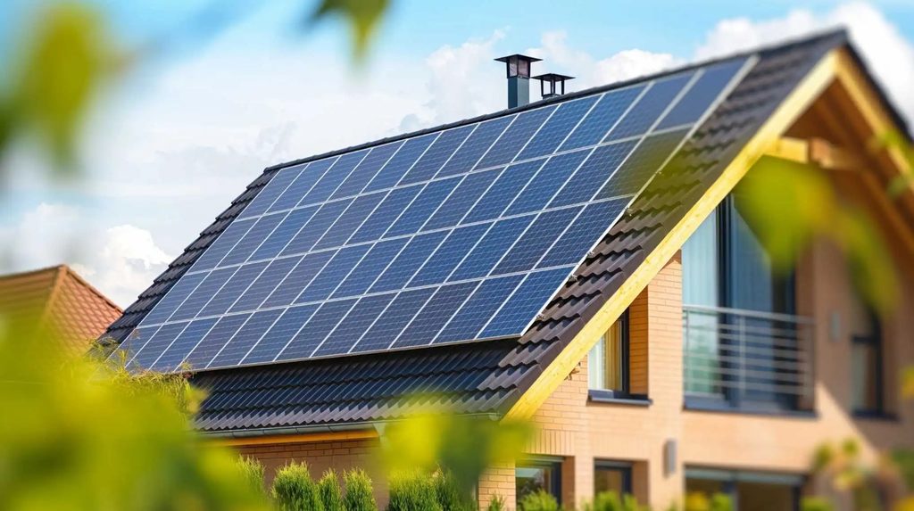 Modern brick house with a large solar panel array on the sloped roof under a blue sky.
