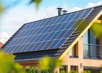 Modern brick house with a large solar panel array on the sloped roof under a blue sky.