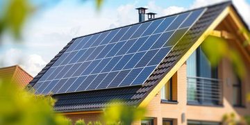 Modern brick house with a large solar panel array on the sloped roof under a blue sky.