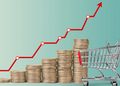 Stacked coins increasing in height beside a shopping cart, with a red upward growth line indicating rising value or costs.
