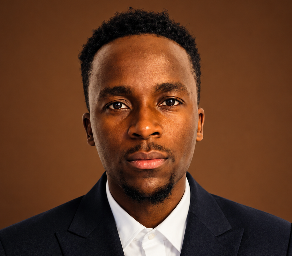 Nghuulili Martin Image - The Brief | Namibia's Leading Business & Financial News Close-up portrait of a Black man in a navy suit and white shirt, facing the camera against a brown studio backdrop.