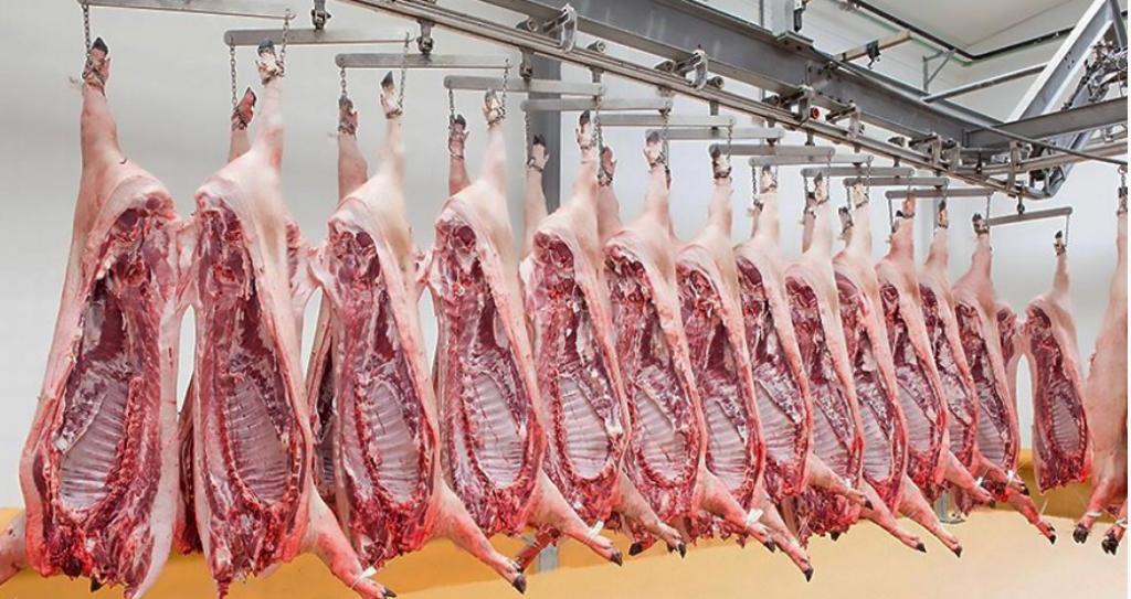 PORK - The Brief | Namibia's Leading Business & Financial News Rows of beef carcasses hanging on a processing line in a meatpacking facility.
