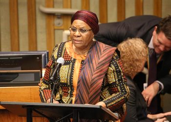 WhatsApp Image 2026-09-24 at 14310 PM - The Brief | Namibia's Leading Business & Financial News Woman in colorful traditional attire speaks at a podium with a microphone in a conference room.