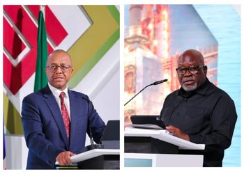 MixCollage-25-Sep-2026-05-34-PM-410 - The Brief | Namibia's Leading Business & Financial News Two men speaking at podiums during a conference; left man in a blue suit with red tie, right man in a black shirt.
