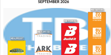 Comparison of hardware basket costs for Sep 2026: MEGABUILD N$6,692.07; Ark Trading N$7,197.72; Buildit N$7,529.92; BUCO N$7,877.45