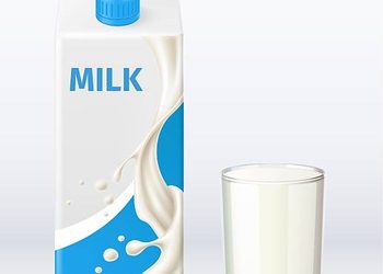 Milk carton and a glass of milk, carton labeled MILK with a blue cap, 1L capacity, on a light gradient background.