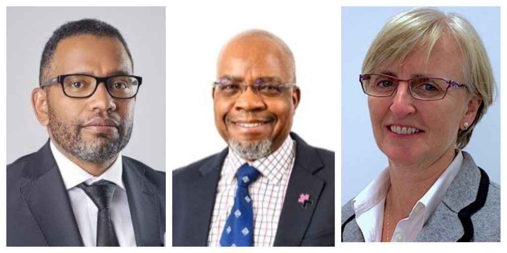 Three professional headshots in a collage: left man with dark hair and glasses, middle bald man smiling, right woman with blonde hair and red-framed glasses.