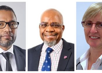 Three professional headshots in a collage: left man with dark hair and glasses, middle bald man smiling, right woman with blonde hair and red-framed glasses.