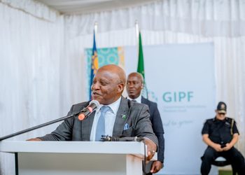 ELIJAH NGURARE8 - The Brief | Namibia's Leading Business & Financial News Public official in a gray suit speaks at a podium with a microphone; flags and a GIPF banner are in the background.