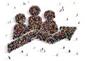 A large crowd of people arranged to form the shape of a computer mouse cursor
