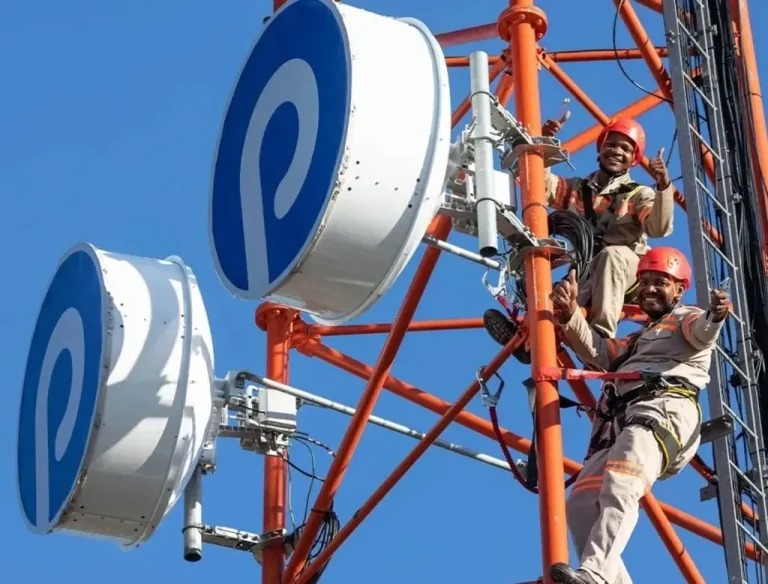 PARATUS - The Brief | Namibia's Leading Business & Financial News Two technicians in hard hats climb a red telecom tower with large white circular antennas against a clear blue sky.