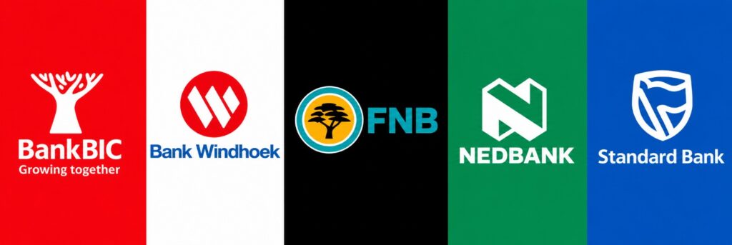 Five bank logos displayed on vertical color stripes: BankBIC (red), Bank Windhoek (white), FNB (black with blue & orange circle), Nedbank (green), Standard Bank (blue).
