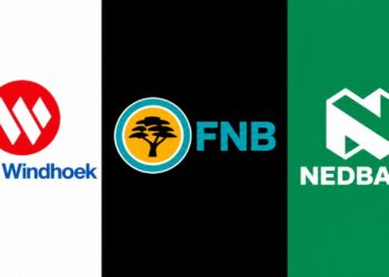 Five bank logos displayed on vertical color stripes: BankBIC (red), Bank Windhoek (white), FNB (black with blue & orange circle), Nedbank (green), Standard Bank (blue).