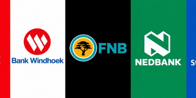 Five bank logos displayed on vertical color stripes: BankBIC (red), Bank Windhoek (white), FNB (black with blue & orange circle), Nedbank (green), Standard Bank (blue).