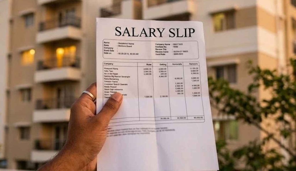 A hand holding a salary slip labeled 'SALARY SLIP' outdoors with apartment buildings in the background