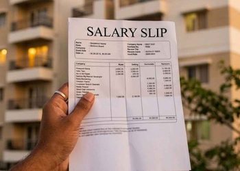 SALARY SLIP - The Brief | Namibia's Leading Business & Financial News A hand holding a salary slip labeled 'SALARY SLIP' outdoors with apartment buildings in the background