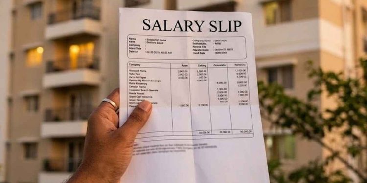 A hand holding a salary slip labeled 'SALARY SLIP' outdoors with apartment buildings in the background