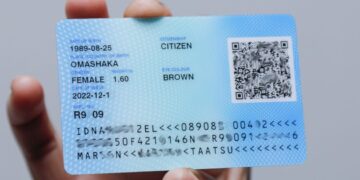 Blue citizen ID card being held, featuring a QR code and printed personal details on a light background