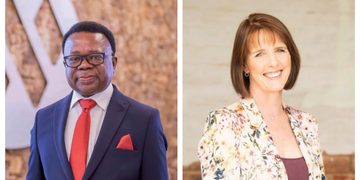 Side-by-side portraits: left is a man in a navy suit with a red tie; right is a smiling woman in a floral blazer.