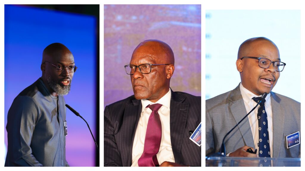 MixCollage-07-Oct-2026-07-12-PM-1840 - The Brief | Namibia's Leading Business & Financial News Three side-by-side speaker portraits from a conference, each man speaking into a microphone against different backdrops.