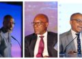 Three side-by-side speaker portraits from a conference, each man speaking into a microphone against different backdrops.
