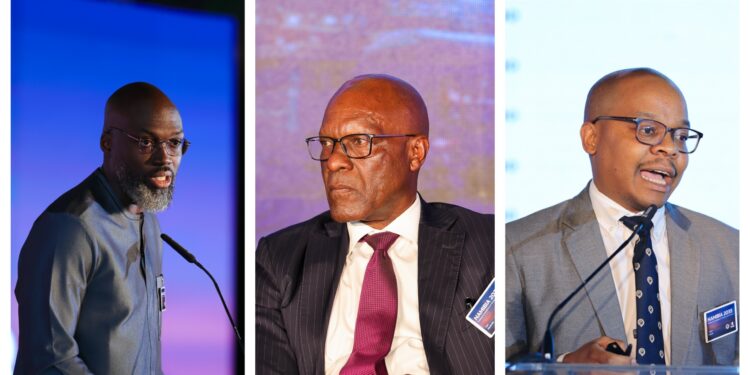 Three side-by-side speaker portraits from a conference, each man speaking into a microphone against different backdrops.