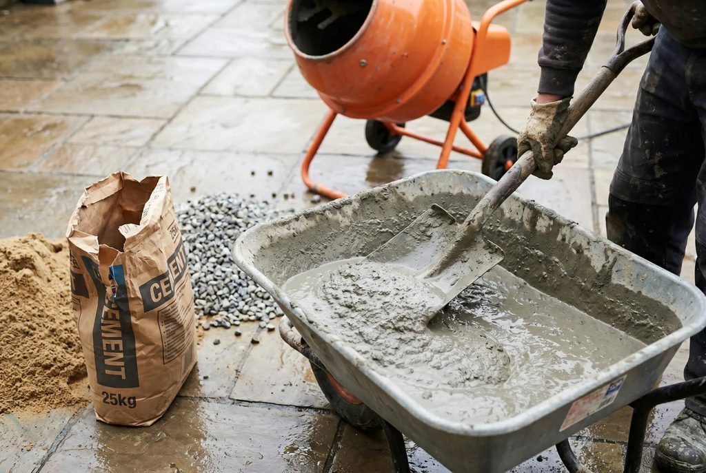 CEMENT - The Brief | Namibia's Leading Business & Financial News Construction worker mixes wet concrete in a wheelbarrow on a damp tile surface, with a cement bag nearby and a concrete mixer in the background.
