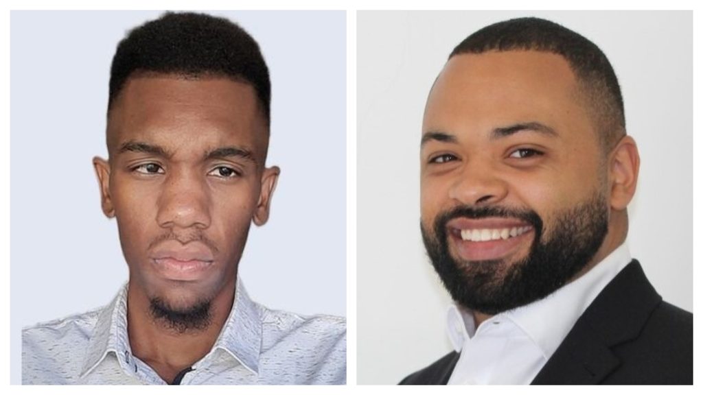 Two male headshots side by side: left a young man with short black hair wearing a light shirt; right a bearded man in a suit with a white shirt, smiling.