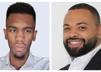 Two male headshots side by side: left a young man with short black hair wearing a light shirt; right a bearded man in a suit with a white shirt, smiling.
