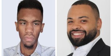 Two male headshots side by side: left a young man with short black hair wearing a light shirt; right a bearded man in a suit with a white shirt, smiling.