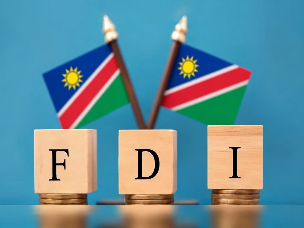 FDI NAM - The Brief | Namibia's Leading Business & Financial News FDI: wooden blocks spell F D I atop coins with Namibian flags in the background, symbolizing foreign direct investment in Namibia