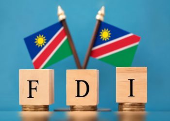 FDI: wooden blocks spell F D I atop coins with Namibian flags in the background, symbolizing foreign direct investment in Namibia