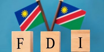 FDI: wooden blocks spell F D I atop coins with Namibian flags in the background, symbolizing foreign direct investment in Namibia