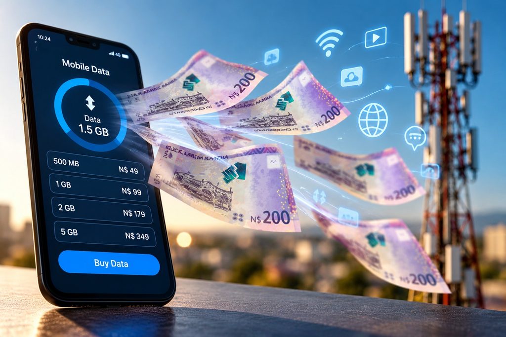 Smartphone displaying a mobile data plan with 1.5 GB and a Buy Data button as currency notes fly toward a cell tower.