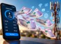 Smartphone screen showing a mobile data plan with prices; animated cash (N$200 notes) flying toward a telecom tower backdrop