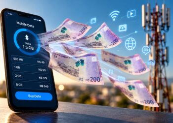data cost - The Brief | Namibia's Leading Business & Financial News Smartphone screen showing a mobile data plan with prices; animated cash (N$200 notes) flying toward a telecom tower backdrop