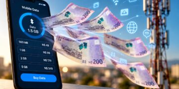 Smartphone screen showing a mobile data plan with prices; animated cash (N$200 notes) flying toward a telecom tower backdrop